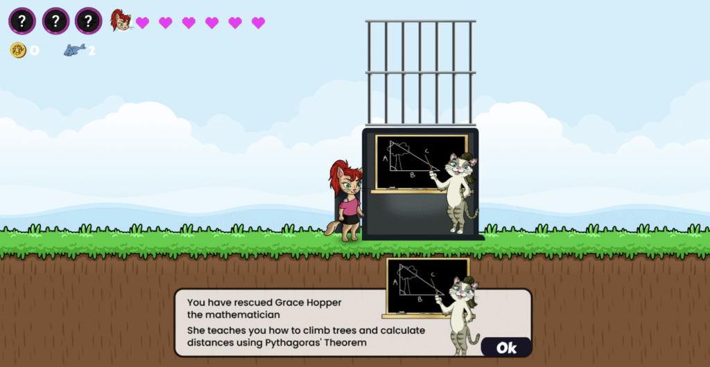 Level 2 - Player Cat saves Grace Hopper the Mathematician Cat and gets the power up to climb trees.